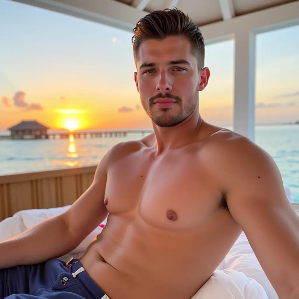 Kael's Chiseled Physique by the Ocean